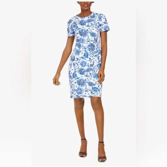 New Calvin Klein Floral Blue & White Mini Sheath Dress - Sz 4 - Picture 2 of 12